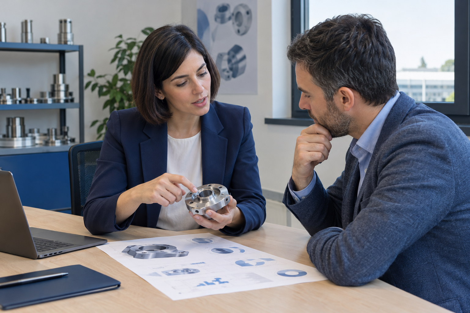 Commerciale e cliente esaminano un componente e una scheda di prodotto